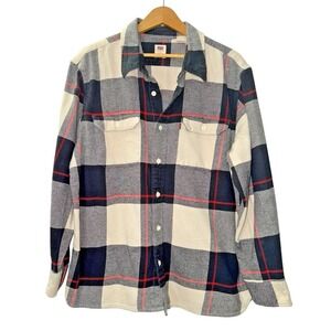 Levi's Flannel Shirt Mens Large Pre-Owned Relaxed Button Down Cream Red Plaid